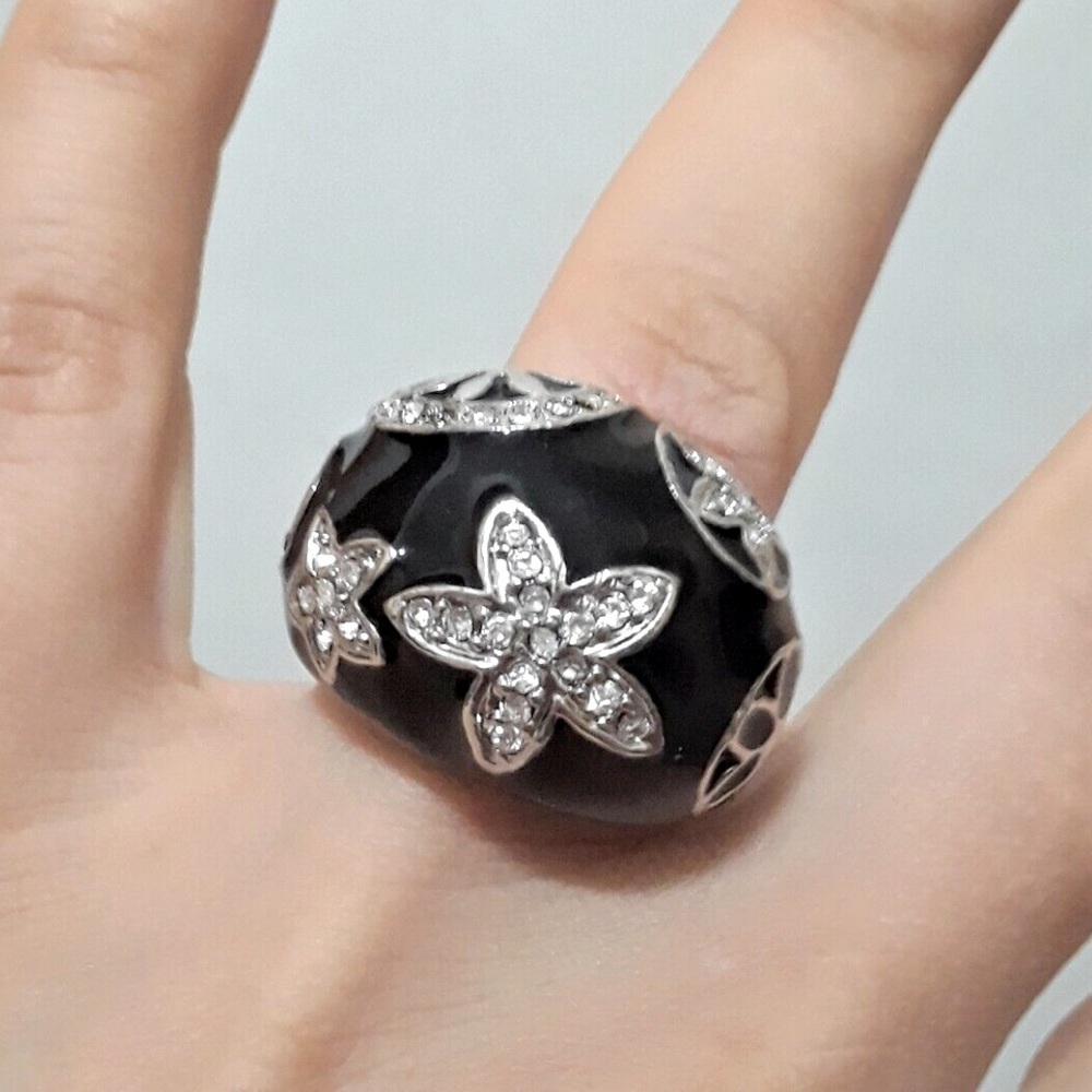 Chunky Black Enamel & Silver Tone Crystal Ring with‎ Design